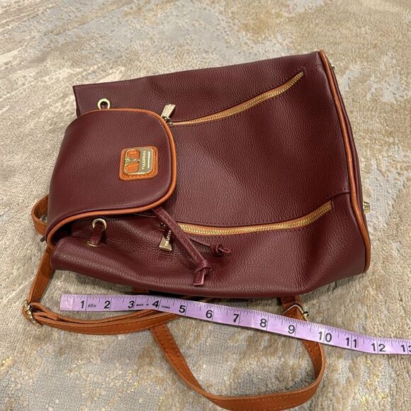 Valentina burgundy Leather Backpack with Brown Leather Trim Made in Italy EUC